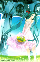 Rule 34 | 1girl, absurdres, aqua eyes, aqua hair, bouquet, breasts, dress, elbow gloves, flower, gloves, hatsune miku, highres, long hair, redjuice, small breasts, solo, twintails, very long hair, vocaloid, white dress, world is mine (vocaloid)