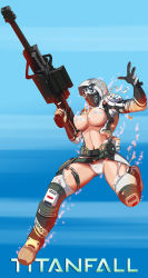 Rule 34 | 1girl, anti-materiel rifle, armor, bra, breasts, full body, gun, head-mounted display, helmet, highres, hmage, jumping, large breasts, panties, pilot, rifle, sniper rifle, solo, titanfall, titanfall (series), torn clothes, underwear, weapon