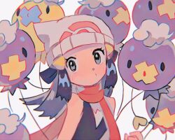 Rule 34 | 1girl, alternate color, black hair, black shirt, blue eyes, commentary, creatures (company), dawn (pokemon), drifloon, eyelashes, game freak, gen 4 pokemon, hair ornament, hat, hinann bot, looking at viewer, nintendo, pokemon, pokemon (creature), pokemon dppt, red scarf, scarf, shiny pokemon, shirt, sleeveless, solo, solo focus, symbol-only commentary, white hat
