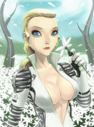 Rule 34 | 1girl, blonde hair, blue eyes, breasts, crying, eyelashes, field, flower, flower field, large breasts, lipstick, long hair, makeup, metal gear (series), metal gear solid, metal gear solid 3: snake eater, no bra, open clothes, petals, polarityplus, ponytail, scar, tears, the boss