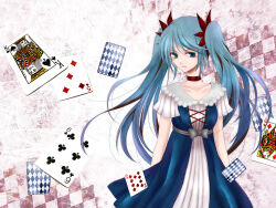 Rule 34 | 1girl, alternate costume, blue eyes, blue hair, card, closed mouth, comiya, hatsune miku, karakuri pierrot (vocaloid), king (playing card), king of spades, long hair, object request, playing card, queen (playing card), queen of diamonds, serious, short sleeves, solo, tagme, twintails, two-tone dress, vocaloid