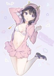 Rule 34 | 168 azusa, 1girl, absurdres, arm up, black hair, breasts, character name, commentary request, full body, hand up, highres, hood, hood up, hooded jacket, jacket, karasuma fran, looking at viewer, navel, open clothes, parted lips, pink jacket, purple background, purple eyes, sandals, short hair, small breasts, solo, toaru majutsu no index, toaru majutsu no index: new testament