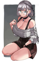 Rule 34 | 1girl, absurdres, alternate costume, bare shoulders, between legs, black choker, blood hood, border, bracelet, braid, breasts, brown skirt, choker, cleavage, closed mouth, collarbone, crown braid, glasses, green eyes, grey sweater, hand between legs, highres, hololive, jewelry, large breasts, miniskirt, off shoulder, official alternate costume, pink lips, plaid, plaid skirt, ribbed sweater, shirogane noel, shirogane noel (casual), short hair, silver hair, sitting, skirt, smile, strap, sweater, thighs, virtual youtuber, white border