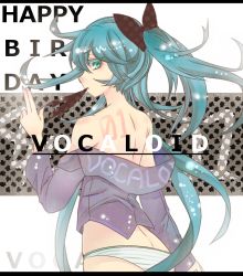 Rule 34 | 1girl, aqua eyes, aqua hair, bad id, bad pixiv id, bare shoulders, female focus, from behind, hall jion, happy birthday, hatsune miku, letterboxed, long hair, looking back, mouth hold, no pants, panties, solo, striped clothes, striped panties, tattoo, twintails, underwear, very long hair, vocaloid, white background