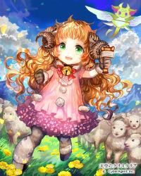 Rule 34 | 1girl, bell, blue sky, brown hair, child, clenched hands, cloud, day, dress, fantasy, flower, green eyes, horns, jingle bell, kite, looking at viewer, monster girl, official art, original, outdoors, pink dress, rioka (southern blue sky), sheep, sheep girl, sheep horns, sky, solo, standing, tenkuu no crystalia