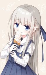 Rule 34 | 1girl, blue dress, blue eyes, brown background, closed mouth, collared shirt, commentary request, dress, food, grey hair, healer girl (yuuhagi (amaretto-no-natsu)), holding, holding food, ice cream, ice cream cone, licking lips, long hair, original, pleated dress, shirt, sleeveless, sleeveless dress, soft serve, solo, tongue, tongue out, very long hair, white shirt, yuuhagi (amaretto-no-natsu)