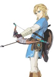 Rule 34 | 1boy, arrow (projectile), black gloves, blonde hair, blue eyes, bow (weapon), closed mouth, earrings, fingerless gloves, gloves, hibimegane, highres, holding, holding bow (weapon), holding weapon, jewelry, link, male focus, nintendo, pants, pointy ears, ponytail, quiver, sheath, sheikah slate, shield, shield on back, simple background, solo, sword, the legend of zelda, the legend of zelda: breath of the wild, tunic, weapon, white background
