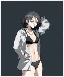 Rule 34 | 1girl, bags under eyes, black bra, black panties, border, bra, breasts, cigarette, closed mouth, collared shirt, colored sclera, cowboy shot, earrings, gogalking, grey hair, grey sclera, grey shirt, hand on own hip, hand up, highres, hoop earrings, jewelry, jitome, lender gregory (gogalking), long sleeves, looking at viewer, medium breasts, medium hair, messy hair, mouth hold, navel, necklace, open clothes, open shirt, orange eyes, original, panties, shirt, smoke, solo, symbol-only commentary, underwear, underwear only, white border, wing collar