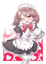 Rule 34 | 1girl, alternate costume, apron, black dress, blush, brown eyes, brown hair, cup, dress, enmaided, fang, frilled apron, frilled dress, frilled sleeves, frills, heart, heart background, highres, kantai collection, kirigakure (kirigakure tantei jimusho), maid, maid headdress, neck ribbon, one eye closed, open mouth, outline, pleated dress, puffy short sleeves, puffy sleeves, ribbon, ryuujou (kancolle), saucer, short sleeves, skirt hold, smile, solo, teacup, teapot, thighhighs, tray