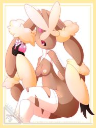 Rule 34 | 1girl, artist name, black sclera, border, breasts, colored sclera, creatures (company), crossed legs, female focus, flower, furry, furry female, game freak, gen 4 pokemon, hand up, holding, inverted nipples, lemoncore, looking at viewer, lopunny, medium breasts, mega lopunny, mega pokemon, nintendo, nipples, nude, pink eyes, pink flower, pokemon, pokemon (creature), pokemon dppt, signature, simple background, sitting, skindentation, smile, solo, text focus, thighhighs, torn clothes, torn thighhighs, watermark, web address, white background, white thighhighs, yellow border