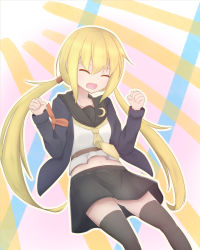 Rule 34 | 10s, 1girl, armband, belt, black skirt, black thighhighs, blonde hair, blue jacket, breasts, brown belt, centi mnkt, clenched hands, closed eyes, crescent, crescent pin, female focus, hands up, jacket, kantai collection, long hair, low twintails, midriff, navel, neckerchief, necktie, open mouth, outline, sailor collar, satsuki (kancolle), satsuki kai ni (kancolle), skirt, small breasts, solo, thighhighs, twintails, very long hair, wavy mouth, white outline, yellow necktie, zettai ryouiki