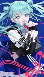 Rule 34 | 1girl, absurdres, aqua eyes, aqua hair, commentary, fingernails, hand up, hatsune miku, highres, holding, holding microphone, jacket, long hair, long sleeves, looking at viewer, lower teeth only, microphone, mona0101, open mouth, pink nails, project sekai, short twintails, solo, teeth, twintails, vivid bad squad (project sekai), vivid bad squad miku, vocaloid