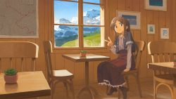 Rule 34 | 1girl, black jacket, blouse, brown eyes, brown footwear, brown hair, cafe, chair, closed mouth, commentary request, commission, cropped jacket, day, field, full body, grey shirt, hand up, highres, indoors, jacket, layered sleeves, long hair, long sleeves, looking at viewer, map, mountain, muji (uimss), open clothes, open jacket, original, painting (object), plant, ponytail, potted plant, red skirt, shirt, shoes, short over long sleeves, short sleeves, sidelocks, sitting, skeb commission, skirt, smile, solo, succulent plant, table, v, window, wooden chair, wooden table