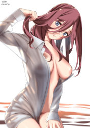 Rule 34 | 1girl, absurdres, areola slip, blouse, blue eyes, breasts, brown hair, collared shirt, dress shirt, go-toubun no hanayome, hair between eyes, highres, large breasts, long hair, long sleeves, looking at viewer, nakano miku, naked shirt, no bra, open clothes, open shirt, parted lips, sakieda yoyu, see-through silhouette, shirt, simple background, sitting, solo, straight hair, twitter username, white background, white shirt, wing collar