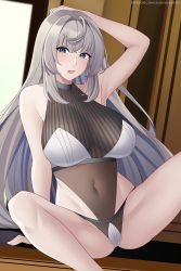 Rule 34 | 1girl, armpits, aslindsamure, banned artist, bare shoulders, blue eyes, blush, bra, breasts, cleavage, competition swimsuit, covered navel, feet out of frame, fx-05 (girls&#039; frontline), girls&#039; frontline, grey hair, hand on floor, hand on own head, highres, large breasts, long hair, looking at viewer, on floor, one-piece swimsuit, open mouth, panties, patreon username, simple background, sitting, solo, swimsuit, underwear, white bra, white panties, white one-piece swimsuit