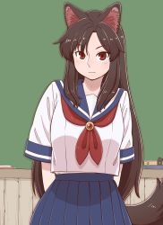 Rule 34 | 1girl, animal ears, arms behind back, blue skirt, brown hair, chalkboard, commentary request, imaizumi kagerou, long hair, looking at viewer, aged up, poronegi, red eyes, sailor collar, school uniform, short sleeves, skirt, smile, solo, tail, touhou, wolf ears, wolf tail