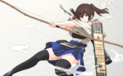 Rule 34 | 10s, 1girl, aircraft, airplane, arrow (projectile), bow (weapon), brown hair, highres, japanese clothes, kaga (kancolle), kantai collection, muneate, nanaku teiru, panties, pantyshot, personification, short hair, side ponytail, solo, thighhighs, underwear, weapon, yellow eyes