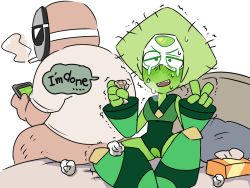 Rule 34 | 1boy, 1girl, blush, cartoon network, cellphone, cigarette, colored skin, crotchless, gnome-no, green hair, green skin, mask, messy hair, old, old man, peridot (steven universe), phone, smartphone, smoking, steven universe, tissue box, trembling, used tissue, v, visor