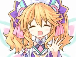 Rule 34 | 1girl, blonde hair, blush, bow, bowtie, closed eyes, dress, hair between eyes, happy, histoire, jacket, long hair, long sleeves, looking at viewer, neptune (series), novus rue, open mouth, purple dress, smile, solo, twintails, upper body
