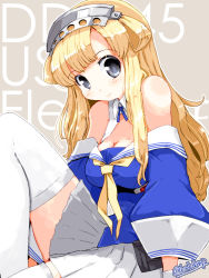 Rule 34 | 1girl, text background, blonde hair, blue eyes, blue shirt, breasts, character name, cleavage, commentary request, double bun, fletcher (kancolle), grey background, hair bun, hairband, kanoe soushi, kantai collection, large breasts, long hair, looking at viewer, neckerchief, off shoulder, pleated skirt, sailor collar, school uniform, serafuku, shirt, sitting, skirt, solo, thighhighs, white sailor collar, white skirt, white thighhighs, yellow neckerchief