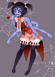 Rule 34 | 1girl, aoshima, bare shoulders, black hair, black sclera, blue skin, bracelet, breasts, colored sclera, colored skin, commentary, extra arms, extra eyes, fangs, finger to mouth, full body, grey background, hair ribbon, heart, highres, arthropod girl, jewelry, leaning forward, light blush, looking at viewer, monster girl, muffet, open mouth, pantyhose, puffy shorts, ribbon, short hair, short twintails, shorts, sideboob, smile, solo, spider girl, spider web background, spider web print, tongue, twintails, undertale