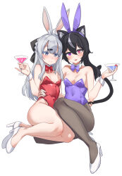 Rule 34 | 2girls, absurdres, animal ear fluff, animal ears, aningay, bare shoulders, bow, braid, breasts, brown pantyhose, cat ears, cat girl, cat tail, closed mouth, cocktail glass, copyright request, cup, cupping glass, drinking glass, fake animal ears, grey eyes, grey hair, hair ornament, hairband, hairclip, heterochromia, high heels, highres, holding, holding cup, leotard, long hair, multiple girls, pantyhose, parted lips, playboy bunny, purple bow, purple eyes, purple hairband, purple leotard, rabbit ears, red bow, red eyes, red leotard, shoes, simple background, small breasts, smile, strapless, strapless leotard, tail, very long hair, white background, white footwear