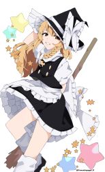 Rule 34 | 1girl, apron, arm up, black skirt, black vest, blonde hair, blush, bow, braid, broom, buttons, commentary request, falling petals, frilled apron, frills, gomashiopappa k, highres, kirisame marisa, loose socks, petals, puffy short sleeves, puffy sleeves, short sleeves, simple background, single braid, skirt, socks, solo, star (symbol), touhou, twitter username, vest, waist apron, white apron, white background, white bow, white socks