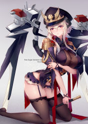 Rule 34 | 1girl, absurdres, black thighhighs, blonde hair, blue oath, blush, breasts, character name, cross, cross necklace, crossed arms, dress, garter straps, grey background, hat, highres, huge filesize, iron cross, jewelry, large breasts, long hair, looking at viewer, melailai, military hat, necklace, peaked cap, prinz eugen (blue oath), red eyes, solo, thighhighs, thighs