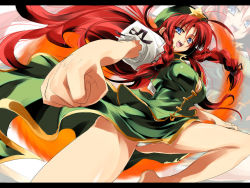 Rule 34 | 1girl, braid, breasts, china dress, chinese clothes, cleavage, delusion overdose, dress, embodiment of scarlet devil, female focus, foreshortening, hat, hong meiling, large breasts, long hair, matsuno canel, panties, red hair, ribbon, solo, star (symbol), touhou, twin braids, twintails, underwear