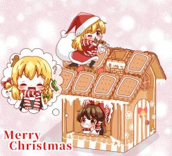 Rule 34 | 2girls, :d, ;), ^ ^, bad id, bad twitter id, bell, blonde hair, blush, braid, brown eyes, brown hair, candy, candy cane, carrying, chibi, chimney, closed eyes, commentary, english text, closed eyes, finger to mouth, food, frown, gingerbread house, gingerbread man, hakurei reimu, kirisame marisa, long hair, looking at viewer, merry christmas, mistletoe, multiple girls, natsune ilasuto, one eye closed, open mouth, sack, santa costume, scarf, shoulder carry, shushing, side braid, single braid, smile, thinking, touhou