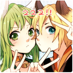 Rule 34 | 1boy, 1girl, :&lt;, aa subarashiki nyan-sei (vocalod), aa subarashiki nyansei (vocaloid), animal ears, argyle, argyle background, argyle clothes, bell, blonde hair, blue eyes, cat day, cat ears, cheek-to-cheek, collar, double v, green eyes, green hair, gumi, heads together, kagamine len, looking at viewer, neck bell, portrait, short hair, short hair with long locks, tama (songe), v, vocaloid
