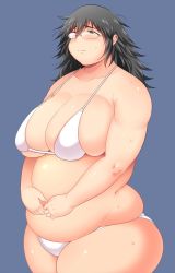 Rule 34 | 1girl, black eyes, black hair, blush, breasts, cleavage, fat, freckles, glasses, highres, huge breasts, jimiko, obese, shimejix, solo, sweat, swimsuit