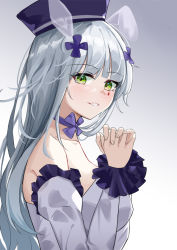 Rule 34 | 1girl, bare shoulders, blue hair, blush, breasts, chinese commentary, collarbone, dress, from side, girls&#039; frontline, green eyes, hair ornament, hairclip, hand on hand, hk416 (girls&#039; frontline), hk416 (herbal-flavored hard candy) (girls&#039; frontline), long hair, looking at viewer, official alternate costume, one smoke, open mouth, purple headwear, smile, solo, upper body, white background, white dress