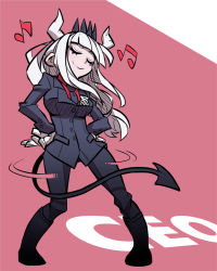 Rule 34 | 1girl, beamed eighth notes, black footwear, black necktie, black tail, business suit, closed eyes, commentary request, dancing, demon girl, demon horns, demon tail, eighth note, emblem, english text, formal, gloves, hands on own hips, helltaker, highres, horns, jin (mugenjin), long hair, lucifer (helltaker), mole, mole under eye, musical note, necktie, neckwear request, pink background, red shirt, shirt, smile, solo, suit, tail, white gloves, white hair, white horns