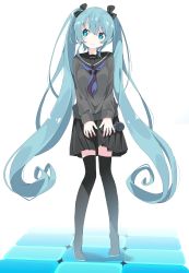 Rule 34 | 1girl, absurdres, black bow, black footwear, black sailor collar, black serafuku, black shirt, black skirt, black thighhighs, blue eyes, blue hair, blush, boots, bow, breasts, closed mouth, commentary, eyebrows hidden by hair, full body, grey sweater, hair between eyes, hair bow, hatsune miku, highres, holding, holding microphone, long hair, looking away, looking to the side, microphone, neckerchief, pleated skirt, purple neckerchief, sailor collar, school uniform, serafuku, shirt, skirt, small breasts, solo, standing, sweater, tantan men (dragon), thigh boots, thighhighs, twintails, very long hair, vocaloid, white background