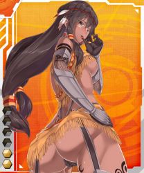Rule 34 | 00s, 1girl, arm tattoo, ass, back tattoo, black hair, blush, breasts, card (medium), card (orange-r), card (r), cropped legs, dark-skinned female, dark skin, female focus, fringe trim, garter straps, gauntlets, hand on own hip, large breasts, leg tattoo, lilith-soft, long hair, looking at viewer, looking back, miniskirt, moon wolf (taimanin asagi), native american, neropaso, no bra, panties, pantyshot, pussy juice, revealing clothes, shoulder tattoo, skirt, solo, taimanin (series), taimanin asagi, taimanin asagi battle arena all card gallery, taimanin asagi kessen arena, tattoo, thong, tongue, tongue out, tramp stamp, underboob, underwear, very long hair, war paint, wet