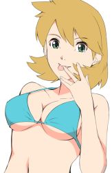 Rule 34 | 1girl, :p, bare arms, bare shoulders, bikini, blue bikini, breasts, cleavage, collarbone, creatures (company), egooo, female focus, finger to mouth, game freak, green eyes, gym leader, hair between eyes, hand up, licking, looking at viewer, medium breasts, misty (pokemon), navel, neck, nintendo, orange hair, pokemon, pokemon gsc, pokemon hgss, short hair, simple background, smile, solo, swimsuit, tongue, tongue out, white background