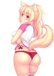 Rule 34 | 1girl, animal ears, ass, blonde hair, blush, breasts, cat ears, cat tail, come hither, from behind, grin, highres, huge ass, large breasts, long hair, looking at viewer, looking back, naughty face, nottytiffy, ponytail, red eyes, shiny skin, short shorts, shorts, sideboob, smile, solo, tail, tattoo, thick thighs, thighhighs, thighs, tiffy (nottytiffy)