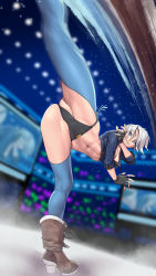 Rule 34 | 1girl, abs, angel (kof), battle, boots, bra, breasts, chaps, cowboy boots, cropped jacket, fighting, fighting stance, fingerless gloves, gloves, hair over one eye, high kick, highres, jacket, kicking, large breasts, leather, leather jacket, leg up, lyoung0j, motion blur, panties, pantyshot, snk, split, standing, standing on one leg, standing split, strapless, strapless bra, the king of fighters, the king of fighters xiv, the king of fighters xv, toned, underwear, white hair, wrestling