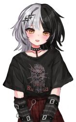 Rule 34 | 1girl, absurdres, aged down, akarinnndesu, arm warmers, band shirt, black choker, black hair, black shirt, blush, choker, collar, commentary, cowboy shot, english commentary, goth fashion, grey hair, hair ornament, highres, hololive, hololive english, looking at viewer, medium hair, merchandise, multicolored hair, open mouth, plaid, plaid skirt, polyphia (band), print shirt, red skirt, shiori novella, shirt, short sleeves, simple background, skirt, smile, solo, spiked collar, spikes, split-color hair, standing, t-shirt, teeth, tsurime, upper teeth only, virtual youtuber, white background, yellow eyes