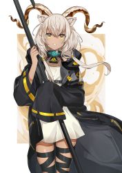 Rule 34 | 1girl, animal ears, arknights, beeswax (arknights), dark-skinned female, dark skin, dress, goat horns, highres, horns, long coat, low twintails, muraki (owantogohan), solo, staff, twintails, white dress, white hair, yellow eyes