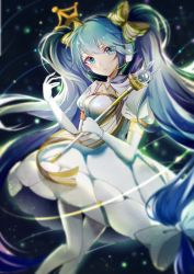 Rule 34 | 1girl, absurdres, blue eyes, blue hair, blurry, bow, dress, elbow gloves, floating hair, gloves, hair between eyes, hair bow, hatsune miku, highres, holding, holding staff, long hair, looking at viewer, pantyhose, short sleeves, solo, staff, standing, striped, striped bow, tingqu, twintails, very long hair, vocaloid, white dress, white gloves, white pantyhose, yuki miku, yuki miku (2019) (candidate no.6)