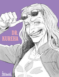 Rule 34 | 1girl, artist name, character name, clenched hand, commentary, dr. kureha, eyewear on head, feriowind, glasses, greyscale with colored background, jacket, long hair, long sleeves, one piece, open clothes, open jacket, purple background, smile, solo, sunglasses, teeth, white hair