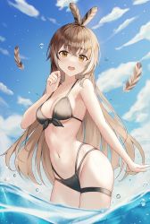 Rule 34 | 1girl, ahoge, bare arms, bare shoulders, bikini, black bikini, blue sky, blush, breasts, brown eyes, brown hair, cleavage, cloud, commentary, cowboy shot, day, feather hair ornament, feathers, front-tie bikini top, front-tie top, hair between eyes, hair ornament, highres, hololive, hololive english, long hair, looking at viewer, medium breasts, multi-strapped bikini, nanashi mumei, navel, omul, open mouth, outdoors, sky, solo, standing, stomach, swimsuit, thigh strap, very long hair, virtual youtuber, wading, water