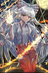 Rule 34 | 1girl, bamboo, blunt bangs, bow, collared shirt, commentary request, fire, fujiwara no mokou, full moon, grey hair, hair bow, highres, lobstrater64, long hair, looking at viewer, moon, ofuda, ofuda on clothes, pants, parted lips, red eyes, red pants, shirt, solo, suspenders, touhou, white bow, white shirt