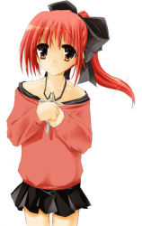 Rule 34 | 1girl, bow, cross, cross necklace, jewelry, latin cross, necklace, pendant, ponytail, red hair, ribbon, skirt, solo