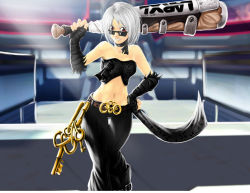 Rule 34 | 1girl, bare shoulders, belt, blurry, choker, club (weapon), depth of field, fur trim, hand on own hip, huge weapon, key, looking at viewer, midriff, navel, red eyes, s4 league, self-upload, short hair, silver hair, smile, solo, sunglasses, teeth, thigh gap, weapon, zkrox
