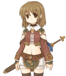 Rule 34 | 7010, brown eyes, brown hair, collar, fantasy earth zero, lowres, midriff, navel, solo, sword, thighhighs, weapon