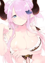 Rule 34 | 10s, 1girl, adjusting clothes, adjusting swimsuit, bikini, blue eyes, blush, breasts, covered erect nipples, draph, fuji-yama, granblue fantasy, hair ornament, hair over one eye, horns, large breasts, light purple hair, long hair, looking at viewer, narmaya (granblue fantasy), narmaya (summer) (granblue fantasy), pointy ears, simple background, smile, solo, swimsuit, upper body, white background, white bikini