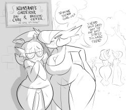Rule 34 | 5girls, @ @, arm up, ass, bespectacled, blush, breasts, cleavage, creatures (company), english text, from behind, full body, game freak, gardevoir, gen 3 pokemon, glasses, greyscale, hair over one eye, half-closed eyes, hand on own hip, hands together, hands up, herny, hernyed, highres, huge breasts, large breasts, leaning forward, monochrome, multiple girls, nervous, nintendo, open mouth, outdoors, plump, pokemon, pokemon (creature), pokemon rse, shirt, short hair, short sleeves, short twintails, sign, simple background, sketch, smile, standing, sweat, text focus, tree, twintails, wide hips, yuri